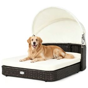 Hand-Woven PE Rattan Dog Bed with Adjustable Canopy, Elevated Outdoor Pet Daybed with Washable Plush Cushion