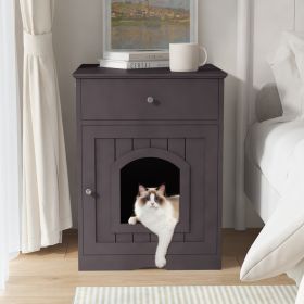 Black Wooden Cat Litter Box Enclosure W Drawer & Side Table, Indoor Pet Crate Nightstand For Home (Option: Black)